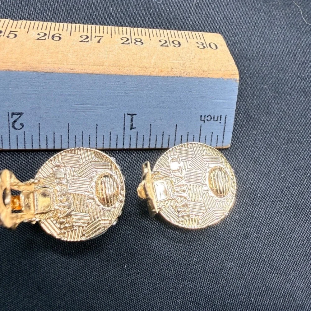 T Tahari Gold Tone Mother of Pearl Pave Crystal Round Clip On Earrings